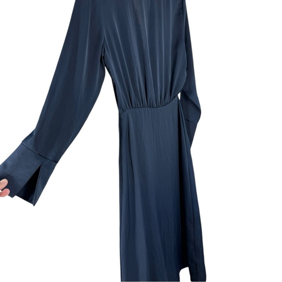 Zara Navy Satin Midi Faux Wrap Dress Button Slit Long Sleeve Navy Blue small - Picture 6 of 8